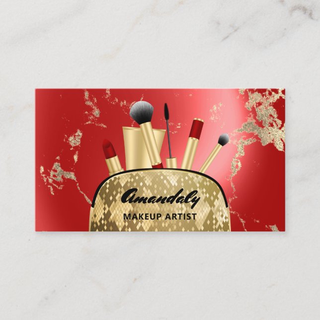 Makeup Artist Gold  QR Code Logo Brushes Marble Bu Business Card (Front)