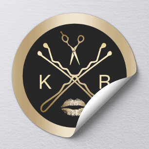 Makeup Artist Gold Scissor Lips Initials Salon Classic Round Sticker