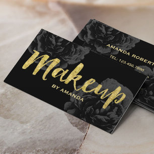 Makeup Artist Gold Script Elegant Black Floral Business Card