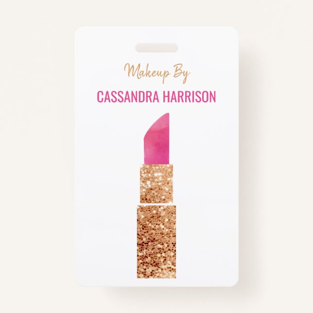 Makeup Artist Gold Sequin Watercolor Beauty Salon ID Badge (Front)