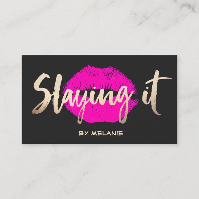 Makeup Artist Gold Slaying It Pink Lips Kiss Business Card (Front)