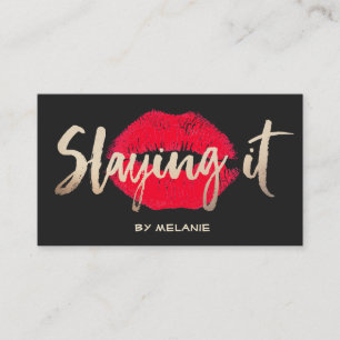 Makeup Artist Gold Slaying It Red Lips Black Business Card