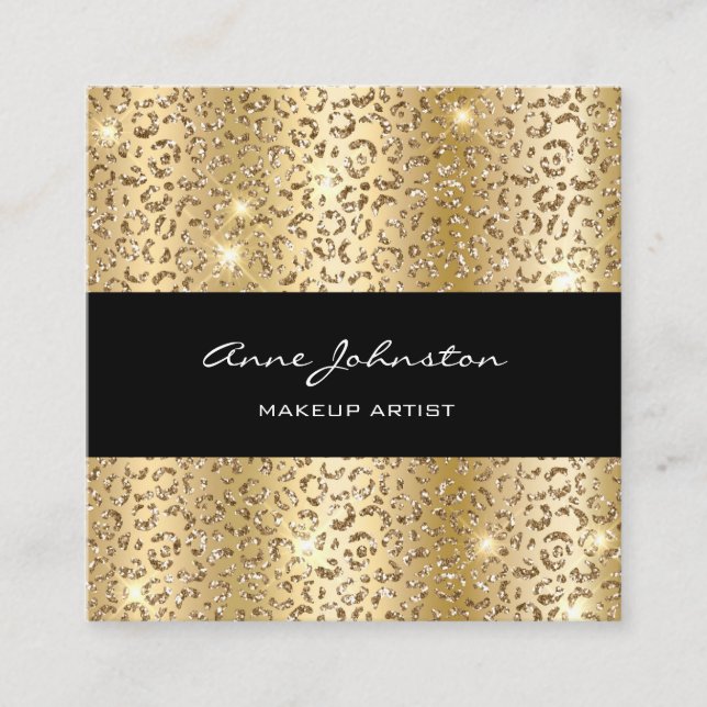 Makeup Artist Gold Sparkle Cheetah Square Business Card (Front)