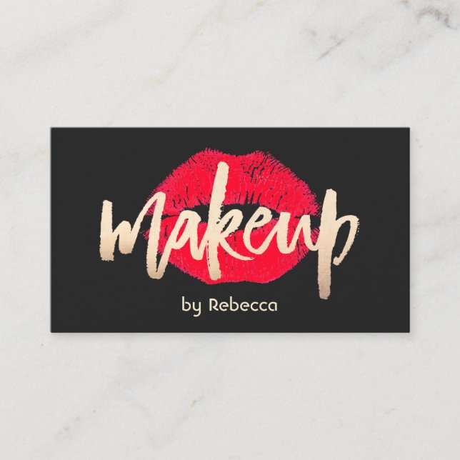 Makeup Artist Gold Typography Red Lipstick Kiss Business Card (Front)
