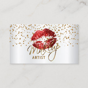 Makeup Artist Golden Confetti & Red Lips Business Card