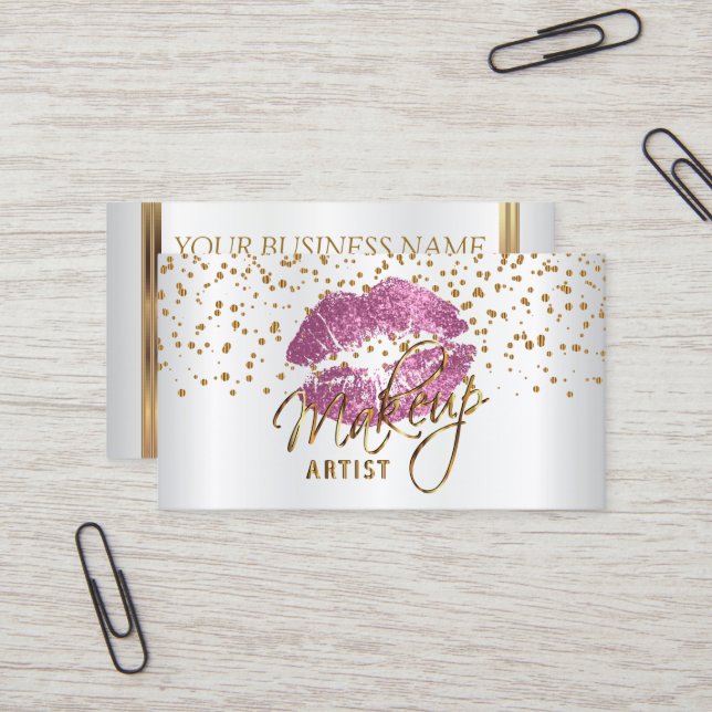 Makeup Artist Golden Confetti & So Pink Lips Business Card (Front/Back In Situ)