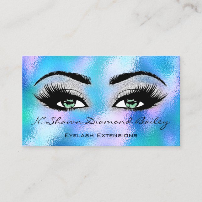 Makeup Artist Green Eyelash Blue Holographic GLASS Business Card (Front)