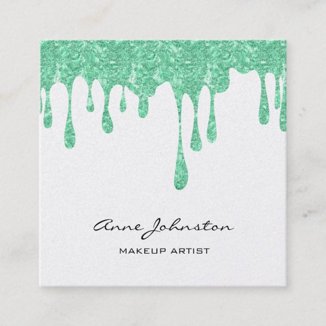 Makeup Artist Green Glitter and Sparkle Square Business Card (Front)