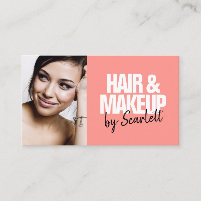 Makeup artist hair photo bold script coral red business card (Front)