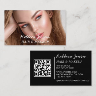 Makeup artist hair photo bold script Pink blue QR Business Card