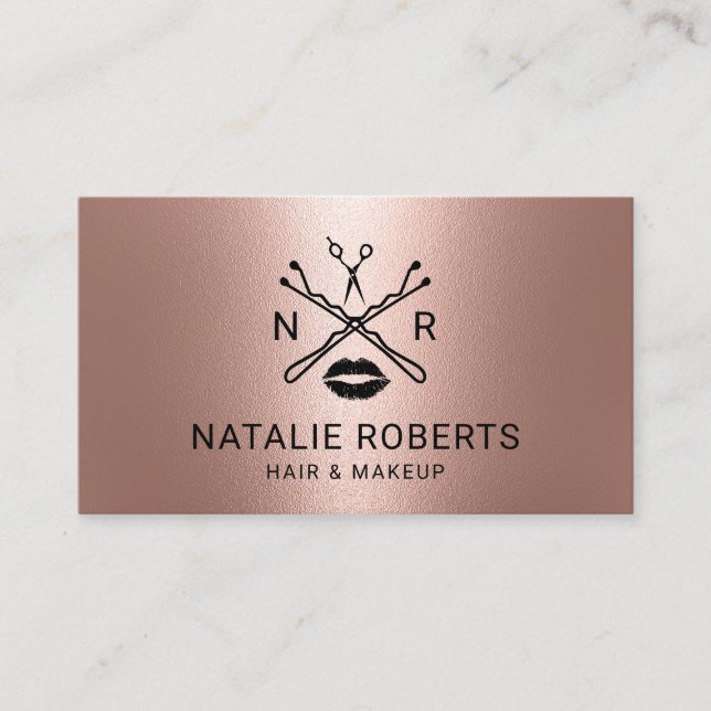 Makeup Artist Hair Salon Beauty Logo Rose Gold Business Card (Front)