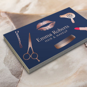 Makeup Artist Hair Salon Chic Rose Gold Navy Blue Business Card