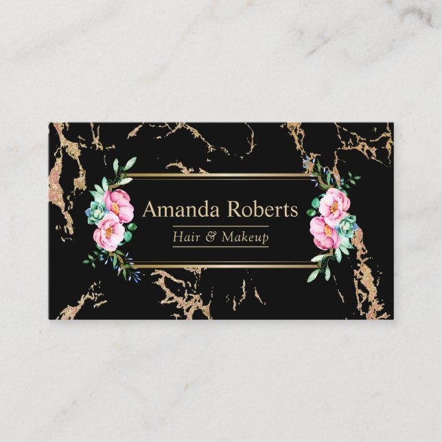 Makeup Artist Hair Salon Floral Trendy Marble Business Card (Front)