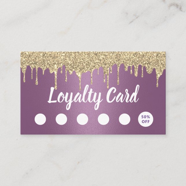 Makeup Artist Hair Salon Gold Drips Modern Purple Loyalty Card (Front)