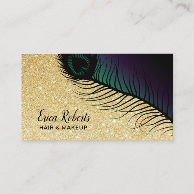 Makeup Artist Hair Salon Gold Glitter Chic Peacock Business Card (Front)