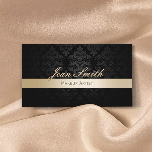 Makeup Artist Hair Salon Gold Striped Black Damask Business Card (Creator Uploaded)