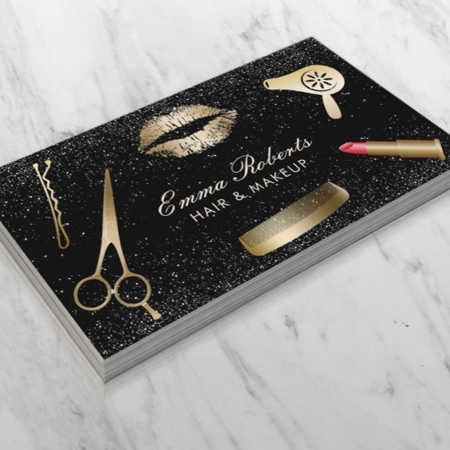 Makeup Artist Hair Salon Modern Black Glitter Business Card (Creator Uploaded)