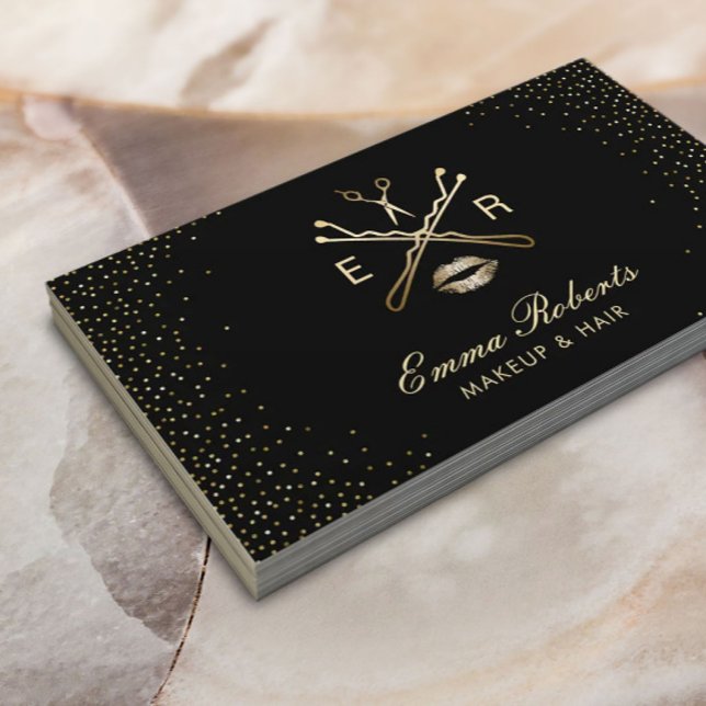 Makeup Artist Hair Salon Modern Black & Gold Business Card (Creator Uploaded)