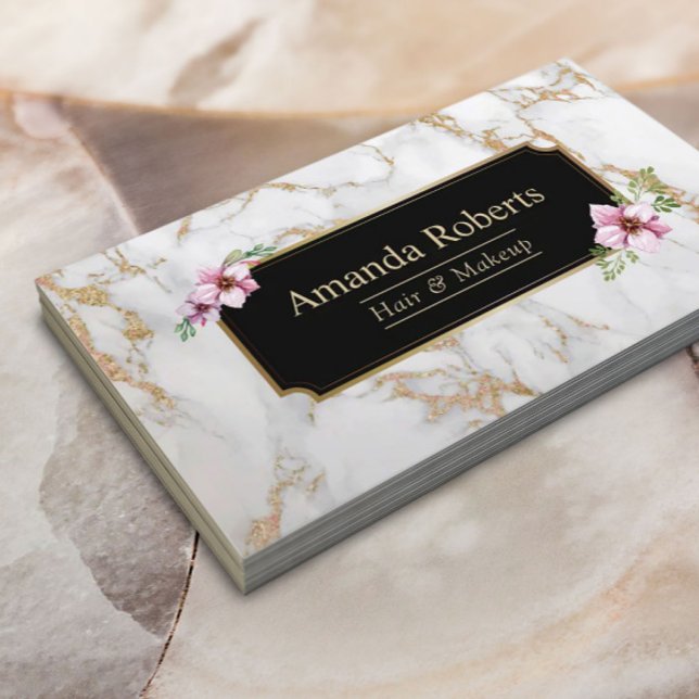 Makeup Artist Hair Salon Modern Gold White Marble Business Card (Creator Uploaded)