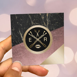 Makeup Artist Hair Salon Modern Rose Gold & Marble Square Business Card