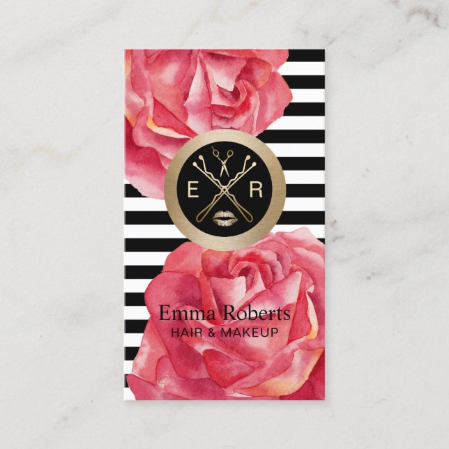 Makeup Artist Hair Salon Modern Stripes Red Floral Business Card (Front)