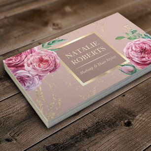 Makeup Artist Hair Salon Pink Floral Rose Gold Business Card