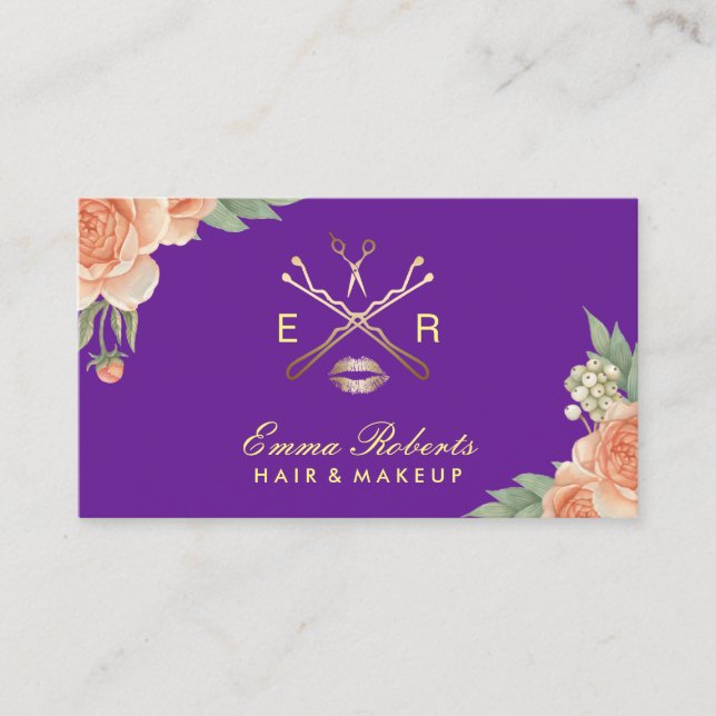 Makeup Artist Hair Salon Purple & Gold Floral Business Card (Front)