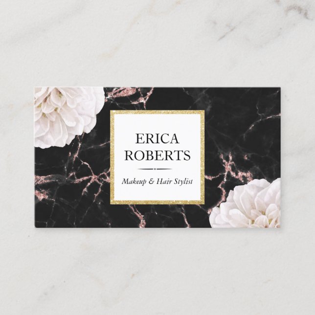 Makeup Artist Hair Salon White Floral Chic Marble Business Card (Front)