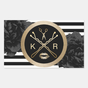 Makeup Artist Hair Stylist Black Floral Modern Rectangular Sticker