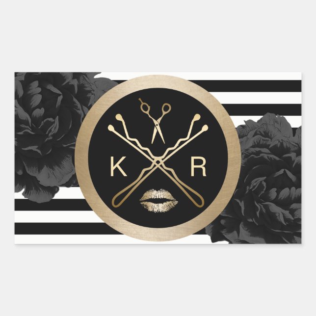 Makeup Artist Hair Stylist Black Floral Modern Rectangular Sticker (Front)