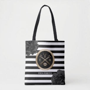 Makeup Artist Hair Stylist Black Floral Stripes Tote Bag