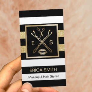 Makeup Artist Hair Stylist Black & Gold Stripes Business Card