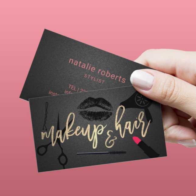 Makeup Artist Hair Stylist Black & Gold Typography Business Card (Creator Uploaded)
