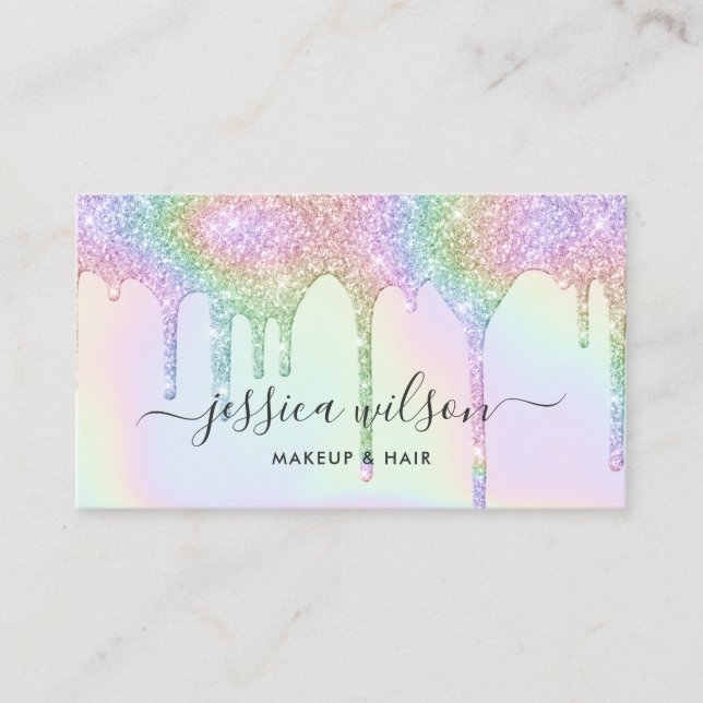 Makeup artist hair stylist chic holographic drips business card (Front)