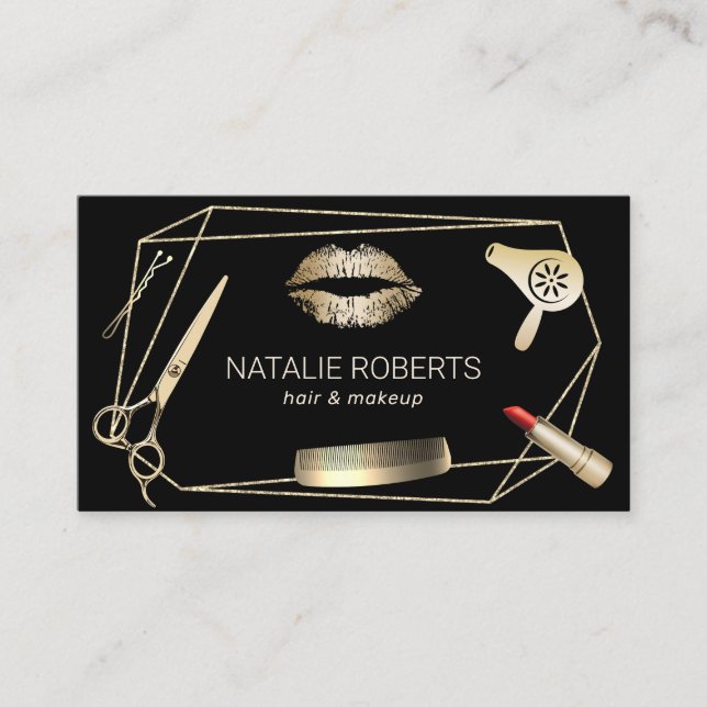 Makeup Artist Hair Stylist Geometric Black & Gold Business Card (Front)