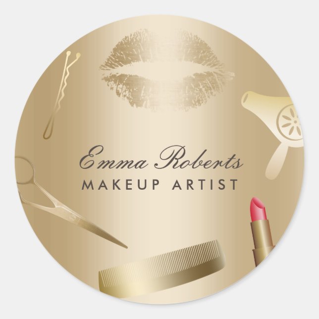 Makeup Artist Hair Stylist Gold Foil Beauty Salon Classic Round Sticker (Front)
