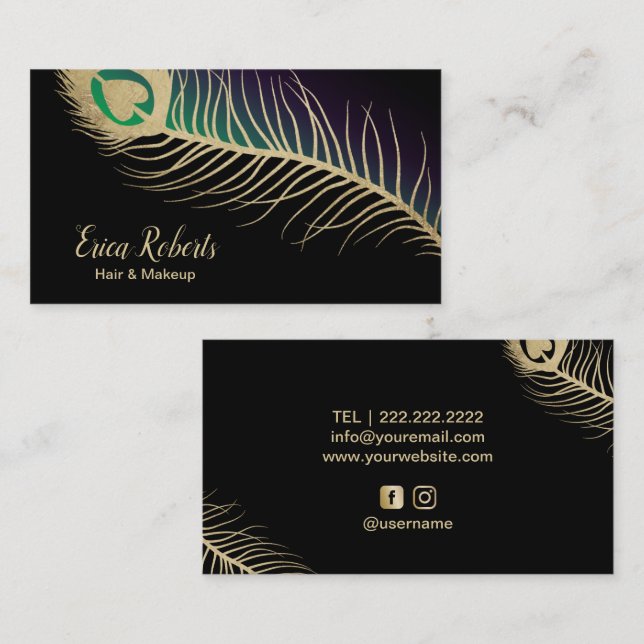 Makeup Artist Hair Stylist Gold Peacock Feather Business Card (Front/Back)