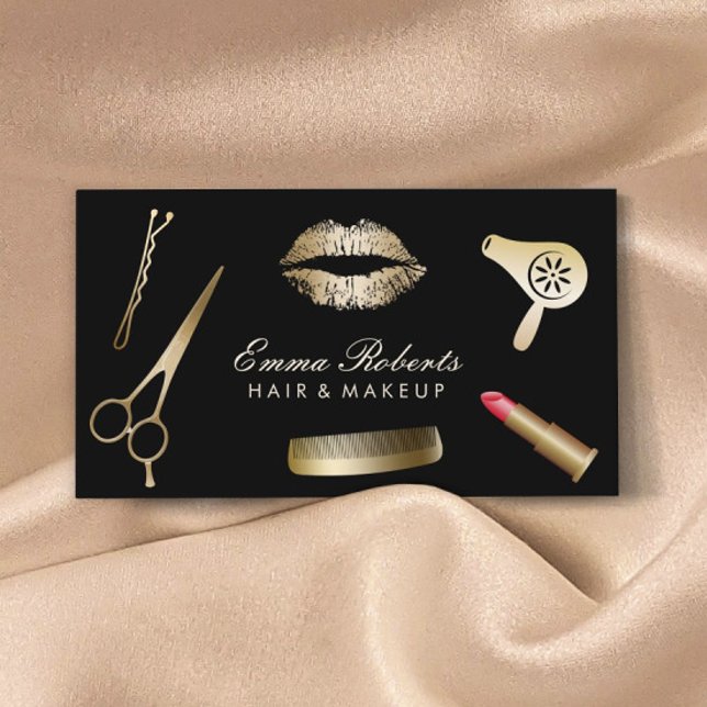 Makeup Artist Hair Stylist Modern Black & Gold Business Card (Creator Uploaded)