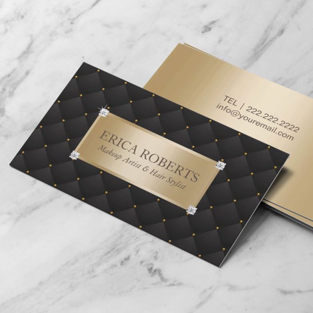 Makeup Artist Hair Stylist Modern Black & Gold Business Card (Creator Uploaded)