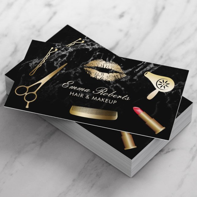 Makeup Artist Hair Stylist Modern Black Marble Business Card (Creator Uploaded)