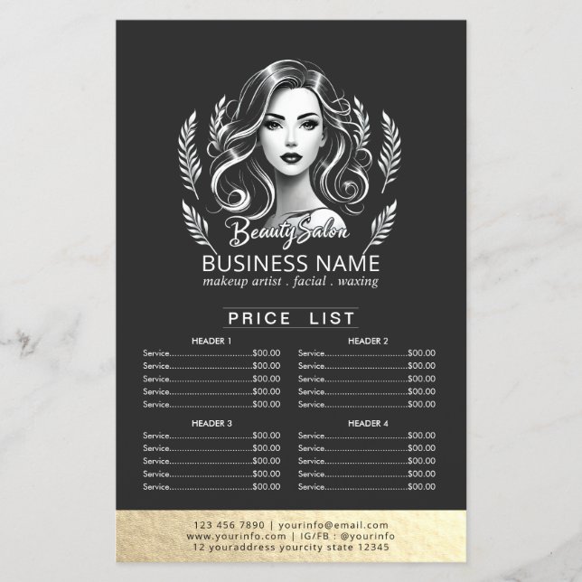 Makeup Artist Hair Stylist Modern Black Price List Flyer (Front)