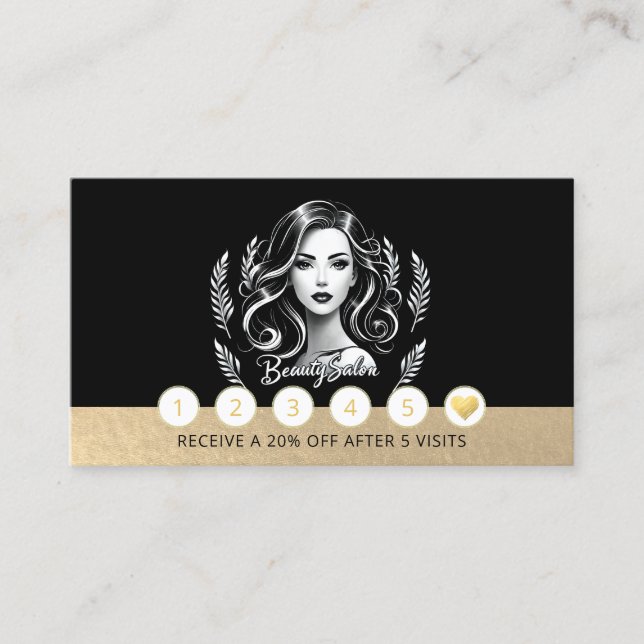 Makeup Artist Hair Stylist Modern Black White Gold Loyalty Card (Front)