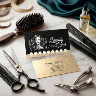 Makeup Artist Hair Stylist Modern Black White Gold Loyalty Card