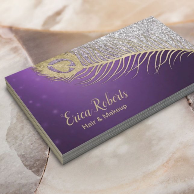 Makeup Artist Hair Stylist Peacock Purple & Silver Business Card (Creator Uploaded)
