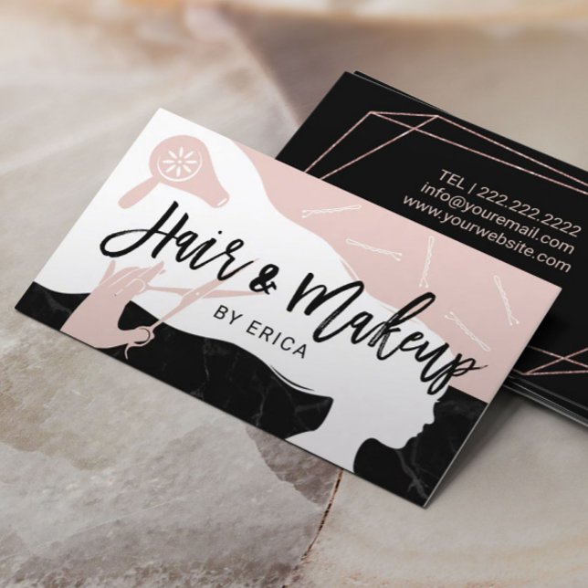 Makeup Artist Hair Stylist Pink Black Marble Salon Business Card (Creator Uploaded)