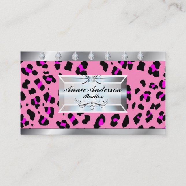 Makeup Artist Hair Stylist Pink Leopard Print Business Card (Front)