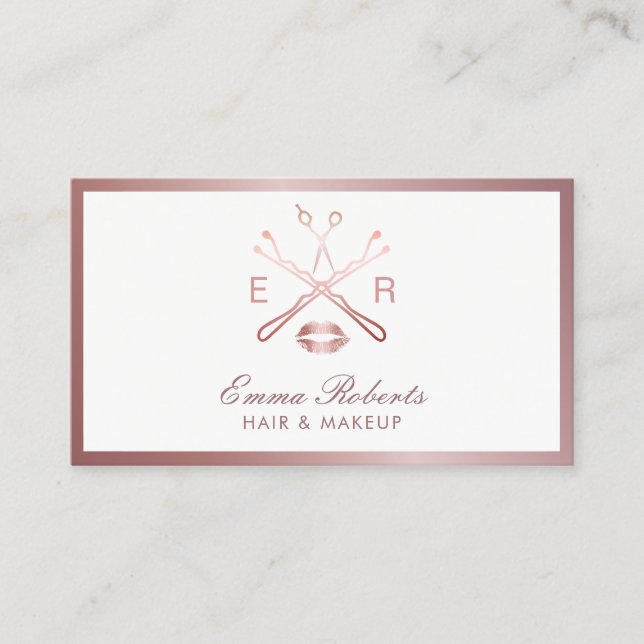 Makeup Artist Hair Stylist Rose Gold Beauty Logo Business Card (Front)