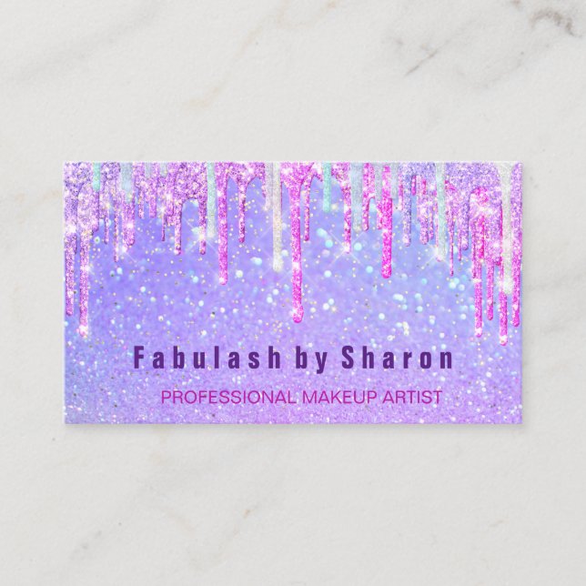 Makeup Artist Hairdresser Pink Holograph Unicorn Business Card (Front)