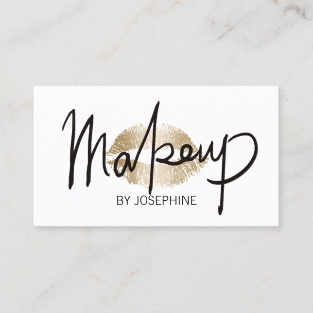 Makeup Artist Hand Lettering Gold Kiss Minimalist Business Card (Front)
