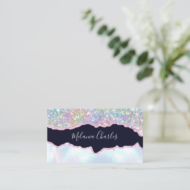 Makeup Artist Holographic Glitter Iridescent Agate Business Card (Standing Front)